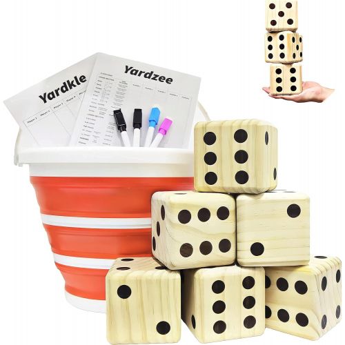  DeerBAO Giant Wooden Patio Dice Set, Including 6 3.5-inch dice, 1 Orange Collapsible Bucket, 4 erasable pens, Yardzee-Farkle Scoring Cards, can Play a Variety of Games, The Ideal G