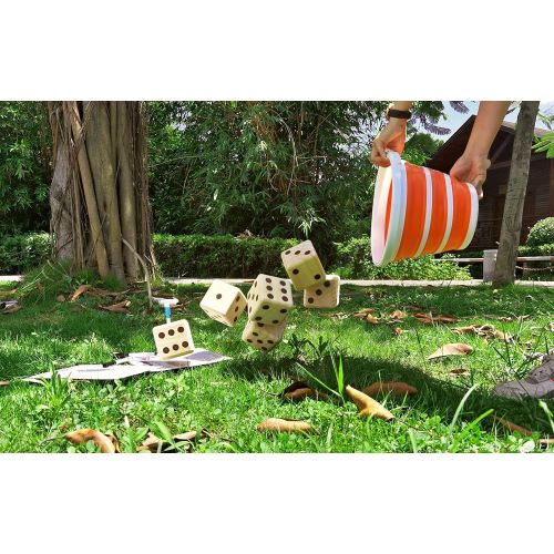  DeerBAO Giant Wooden Patio Dice Set, Including 6 3.5-inch dice, 1 Orange Collapsible Bucket, 4 erasable pens, Yardzee-Farkle Scoring Cards, can Play a Variety of Games, The Ideal G