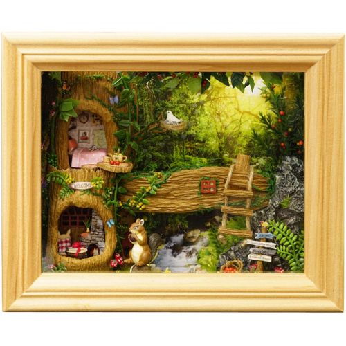 Deevoka Nut Station Photo Frame Model Wood Dollhouse Squirrel Creative LED Gifts
