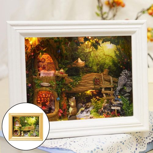  Deevoka Nut Station Photo Frame Model Wood Dollhouse Squirrel Creative LED Gifts