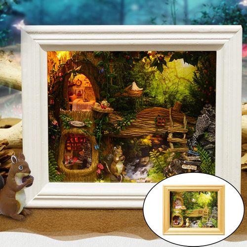  Deevoka Nut Station Photo Frame Model Wood Dollhouse Squirrel Creative LED Gifts