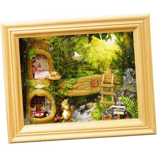  Deevoka Nut Station Photo Frame Model Wood Dollhouse Squirrel Creative LED Gifts