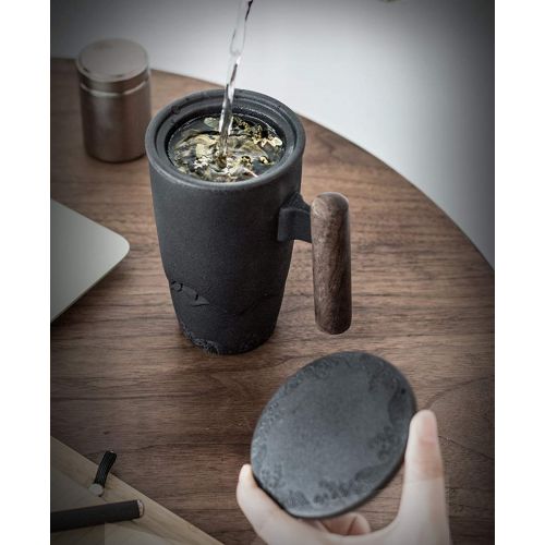 DehuaYao DeahuaYao Ceramic black mug tea cup pot with Wooden handle in 2 Colors with Tea Strainer (Blcak with white)