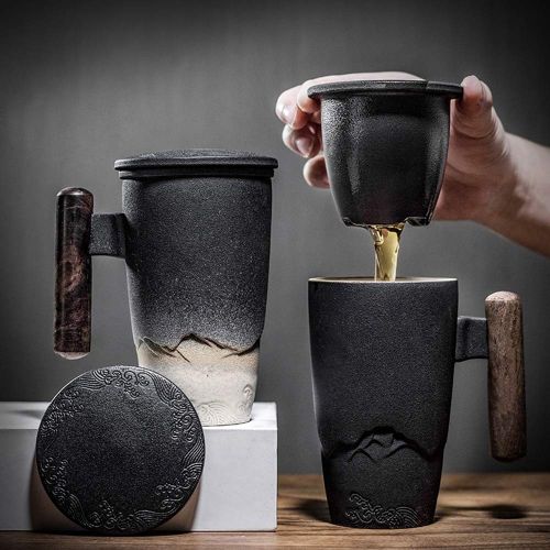  DehuaYao DeahuaYao Ceramic black mug tea cup pot with Wooden handle in 2 Colors with Tea Strainer (Blcak with white)