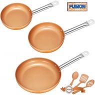 [아마존 핫딜] [아마존핫딜]Deik Frying Pan Set, Non-Stick Ceramic Coated Copper Set 8, 10 and 12 Induction Compatible, Oven & Dishwasher Safe, Stainless Steel Handles, with 3 Spatula and Spoon