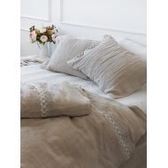 DejavuLinen 3 pcs natural flax lace linen bedding set - softened heavier linen duvet cover and pillowcases - Twin Queen King linen duvet set with lace