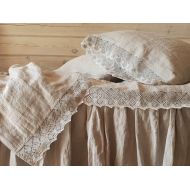 DejavuLinen Lace linen SHEET SET from washed natural flax grey linen - linen flat sheet, fitted sheet, 2 pillowcases - lace trimmed linen bedding