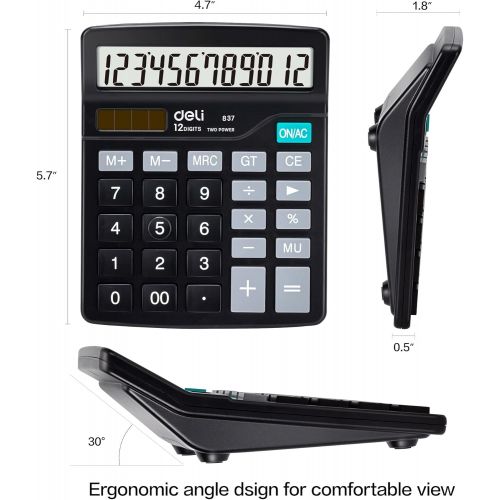  Calculator, Deli Standard Function Desktop Calculators with 12 Digit Large LCD Display and Sensitive Button, Solar Battery Dual Power Office Calculator, Black