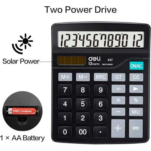  Calculator, Deli Standard Function Desktop Calculators with 12 Digit Large LCD Display and Sensitive Button, Solar Battery Dual Power Office Calculator, Black