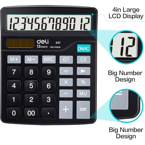  Calculator, Deli Standard Function Desktop Calculators with 12 Digit Large LCD Display and Sensitive Button, Solar Battery Dual Power Office Calculator, Black