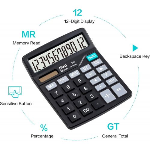  Calculator, Deli Standard Function Desktop Calculators with 12 Digit Large LCD Display and Sensitive Button, Solar Battery Dual Power Office Calculator, Black