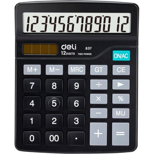  Calculator, Deli Standard Function Desktop Calculators with 12 Digit Large LCD Display and Sensitive Button, Solar Battery Dual Power Office Calculator, Black