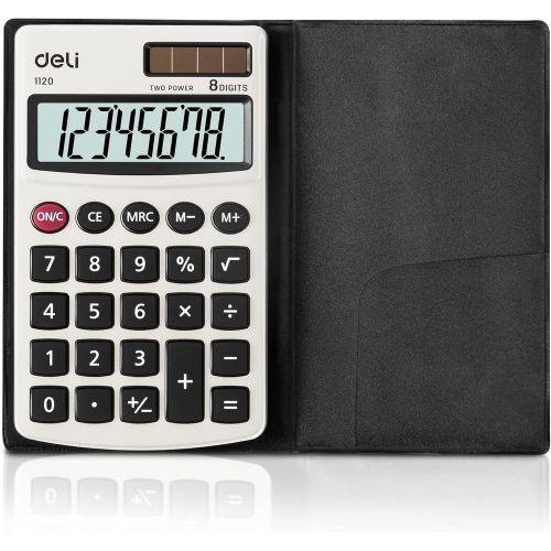  Calculator, Deli Standard Function Basic Calculators, Solar Battery Dual Power Office Calculator with Cover, Metal Panel