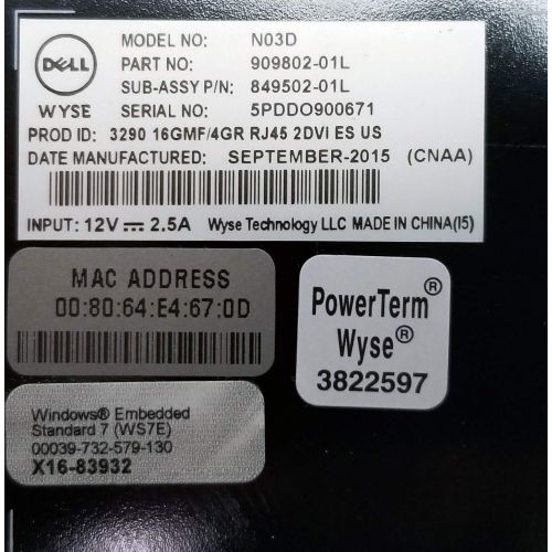 델 Dell Wyse N03D 3030 Intel Celeron CPU N2807 1.58GHz Dual Core 16GB SSD 4GB DDR3 SDRAM HD Graphics Gigabit Ethernet RJ-45 Windows Embedded Standard 7 WES7 Thin Client R1KJY-SP-PPP