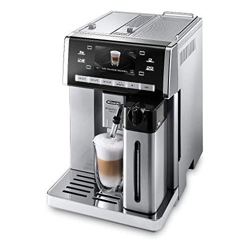 드롱기 De’Longhi DeLonghi PrimaDonna Exclusive ESAM 6900 Kaffeevollautomat (1350 Watt, 4,6 Zoll TFT-Farbdisplay, integriertes Milchsystem, Kakao/ - Trinkschokoladenfunktion, Edelstahlgehaeuse) silbe