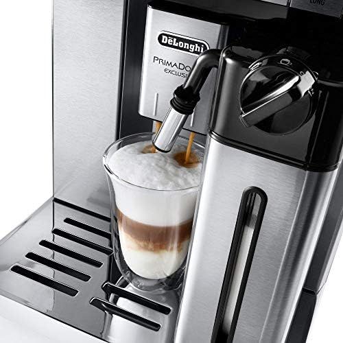 드롱기 De’Longhi DeLonghi PrimaDonna Exclusive ESAM 6900 Kaffeevollautomat (1350 Watt, 4,6 Zoll TFT-Farbdisplay, integriertes Milchsystem, Kakao/ - Trinkschokoladenfunktion, Edelstahlgehaeuse) silbe