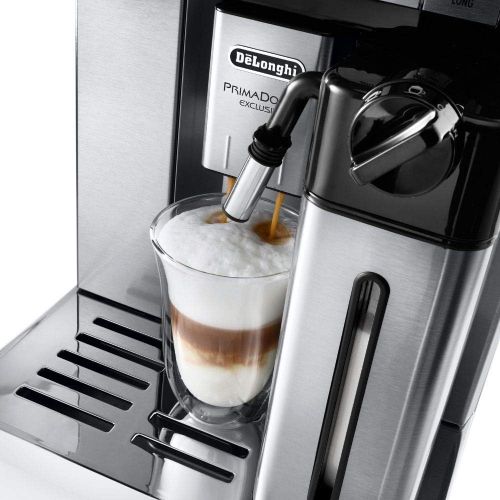 드롱기 De’Longhi DeLonghi PrimaDonna Exclusive ESAM 6900 Kaffeevollautomat (1350 Watt, 4,6 Zoll TFT-Farbdisplay, integriertes Milchsystem, Kakao/ - Trinkschokoladenfunktion, Edelstahlgehaeuse) silbe