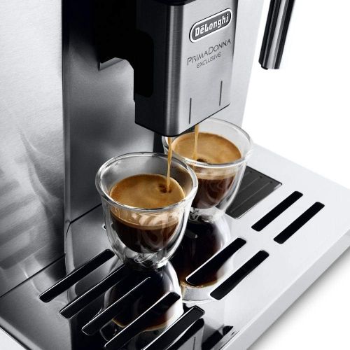 드롱기 De’Longhi DeLonghi PrimaDonna Exclusive ESAM 6900 Kaffeevollautomat (1350 Watt, 4,6 Zoll TFT-Farbdisplay, integriertes Milchsystem, Kakao/ - Trinkschokoladenfunktion, Edelstahlgehaeuse) silbe