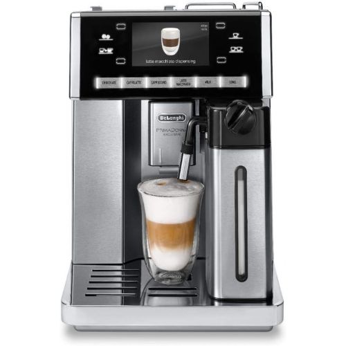 드롱기 De’Longhi DeLonghi PrimaDonna Exclusive ESAM 6900 Kaffeevollautomat (1350 Watt, 4,6 Zoll TFT-Farbdisplay, integriertes Milchsystem, Kakao/ - Trinkschokoladenfunktion, Edelstahlgehaeuse) silbe