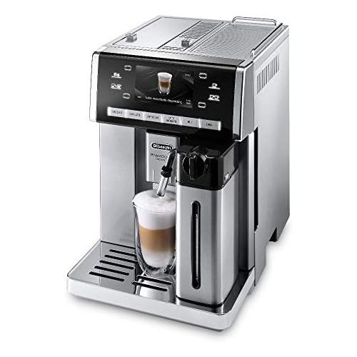 드롱기 De’Longhi DeLonghi PrimaDonna Exclusive ESAM 6900 Kaffeevollautomat (1350 Watt, 4,6 Zoll TFT-Farbdisplay, integriertes Milchsystem, Kakao/ - Trinkschokoladenfunktion, Edelstahlgehause) silbe