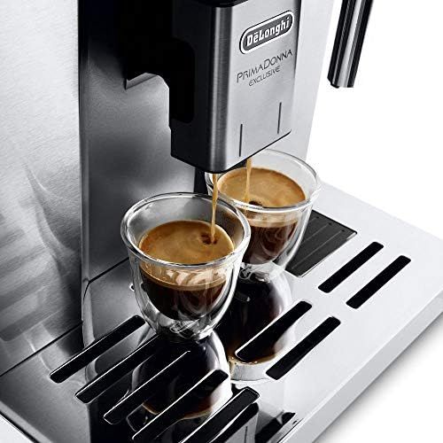 드롱기 De’Longhi DeLonghi PrimaDonna Exclusive ESAM 6900 Kaffeevollautomat (1350 Watt, 4,6 Zoll TFT-Farbdisplay, integriertes Milchsystem, Kakao/ - Trinkschokoladenfunktion, Edelstahlgehause) silbe