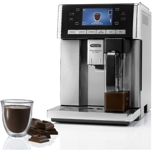 드롱기 De’Longhi DeLonghi PrimaDonna Exclusive ESAM 6900 Kaffeevollautomat (1350 Watt, 4,6 Zoll TFT-Farbdisplay, integriertes Milchsystem, Kakao/ - Trinkschokoladenfunktion, Edelstahlgehause) silbe