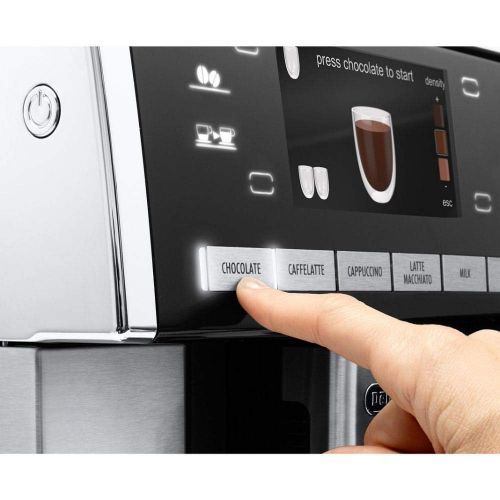 드롱기 De’Longhi DeLonghi PrimaDonna Exclusive ESAM 6900 Kaffeevollautomat (1350 Watt, 4,6 Zoll TFT-Farbdisplay, integriertes Milchsystem, Kakao/ - Trinkschokoladenfunktion, Edelstahlgehause) silbe