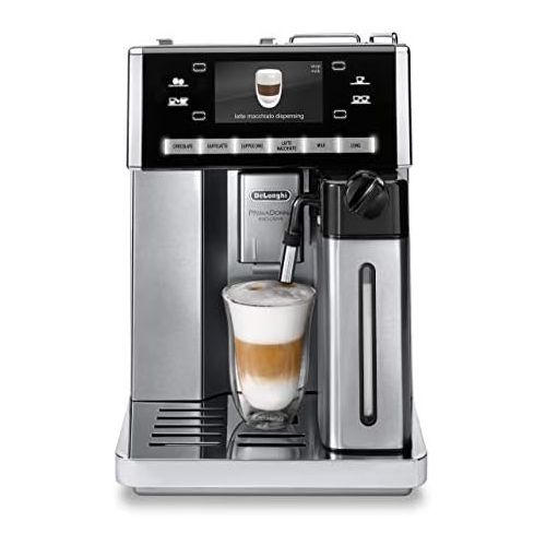 드롱기 De’Longhi DeLonghi PrimaDonna Exclusive ESAM 6900 Kaffeevollautomat (1350 Watt, 4,6 Zoll TFT-Farbdisplay, integriertes Milchsystem, Kakao/ - Trinkschokoladenfunktion, Edelstahlgehause) silbe
