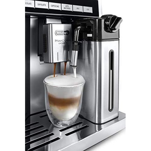 드롱기 De’Longhi DeLonghi PrimaDonna Exclusive ESAM 6900 Kaffeevollautomat (1350 Watt, 4,6 Zoll TFT-Farbdisplay, integriertes Milchsystem, Kakao/ - Trinkschokoladenfunktion, Edelstahlgehause) silbe