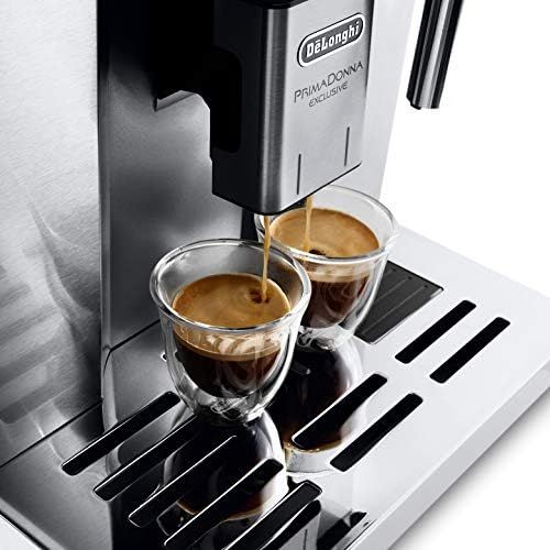 드롱기 De’Longhi DeLonghi PrimaDonna Exclusive ESAM 6900 Kaffeevollautomat (1350 Watt, 4,6 Zoll TFT-Farbdisplay, integriertes Milchsystem, Kakao/ - Trinkschokoladenfunktion, Edelstahlgehause) silbe