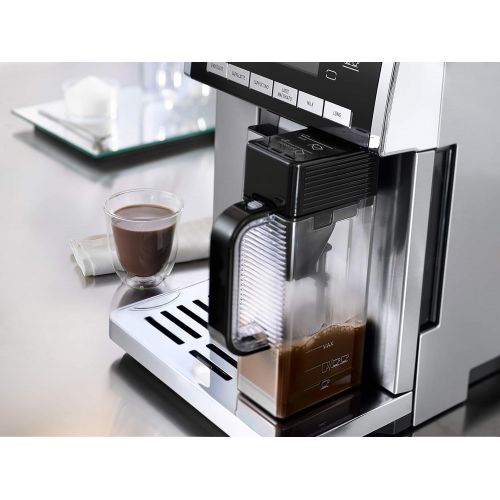 드롱기 De’Longhi DeLonghi PrimaDonna Exclusive ESAM 6900 Kaffeevollautomat (1350 Watt, 4,6 Zoll TFT-Farbdisplay, integriertes Milchsystem, Kakao/ - Trinkschokoladenfunktion, Edelstahlgehause) silbe