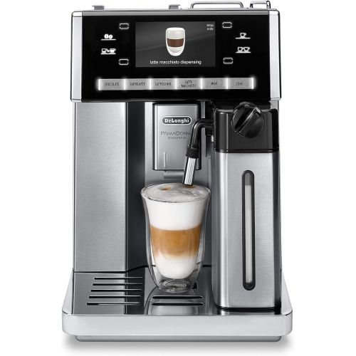 드롱기 De’Longhi DeLonghi PrimaDonna Exclusive ESAM 6900 Kaffeevollautomat (1350 Watt, 4,6 Zoll TFT-Farbdisplay, integriertes Milchsystem, Kakao/ - Trinkschokoladenfunktion, Edelstahlgehause) silbe