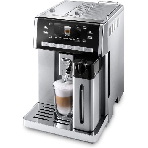 드롱기 De’Longhi DeLonghi PrimaDonna Exclusive ESAM 6900 Kaffeevollautomat (1350 Watt, 4,6 Zoll TFT-Farbdisplay, integriertes Milchsystem, Kakao/ - Trinkschokoladenfunktion, Edelstahlgehause) silbe