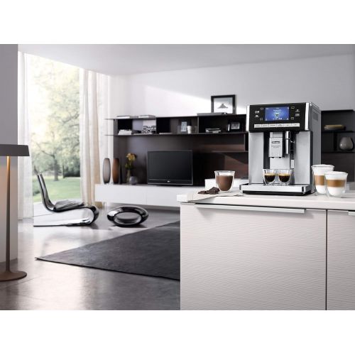 드롱기 De’Longhi DeLonghi PrimaDonna Exclusive ESAM 6900 Kaffeevollautomat (1350 Watt, 4,6 Zoll TFT-Farbdisplay, integriertes Milchsystem, Kakao/ - Trinkschokoladenfunktion, Edelstahlgehause) silbe