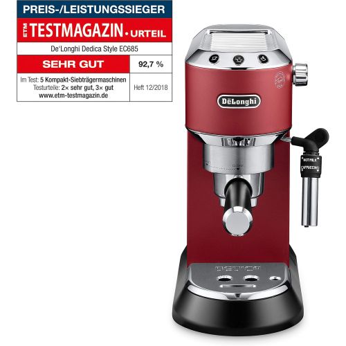 드롱기 De’Longhi DeLonghi Dedica EC 685.R Espresso Siebtragermaschine | 15 bar | Professionelle Milchschaum Duese| Fuellmenge 1 l | Vollmetallgehause | Auch fuer Pads geeignet | Rot