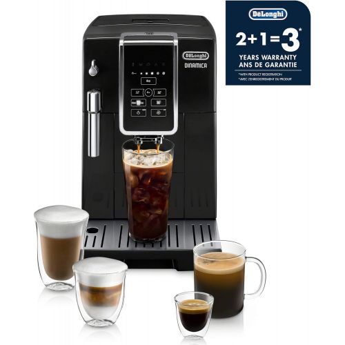 드롱기 DeLonghi Dinamica Automatic Coffee & Espresso Machine, TrueBrew (Iced-Coffee), Burr Grinder + Descaling Solution, Cleaning Brush & Bean Shaped Icecube Tray, Black, ECAM35020B