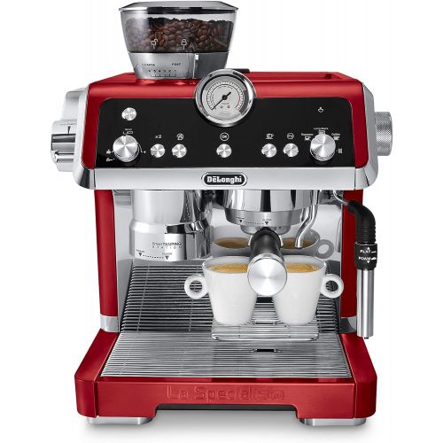 드롱기 DeLonghi EC9335R La Specialista Espresso Machine with Sensor Grinder, Dual Heating System, Advanced Latte System & Hot Water Spout for Americano Coffee or Tea, Stainless Steel, Red