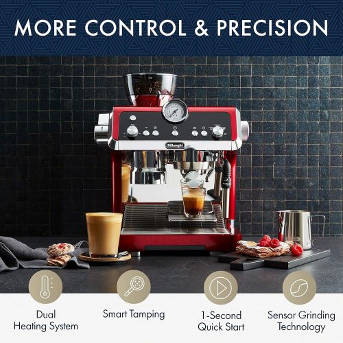 드롱기 DeLonghi EC9335R La Specialista Espresso Machine with Sensor Grinder, Dual Heating System, Advanced Latte System & Hot Water Spout for Americano Coffee or Tea, Stainless Steel, Red