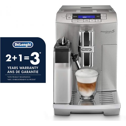 드롱기 DeLonghi Prima Donna Fully Automatic Espresso Machine with Lattecrema System, 9.4 x 17.4 x 13.6, Silver