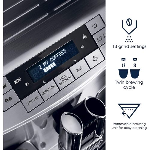 드롱기 DeLonghi Prima Donna Fully Automatic Espresso Machine with Lattecrema System, 9.4 x 17.4 x 13.6, Silver