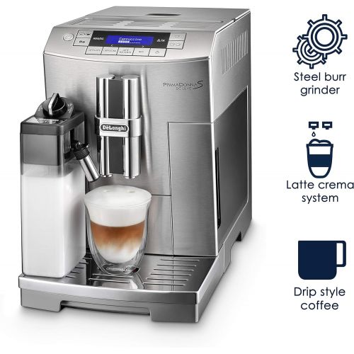 드롱기 DeLonghi Prima Donna Fully Automatic Espresso Machine with Lattecrema System, 9.4 x 17.4 x 13.6, Silver