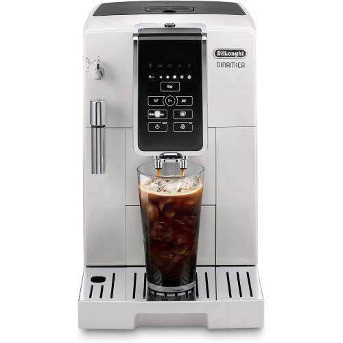 드롱기 DeLonghi Dinamica Automatic Coffee & Espresso Machine, TrueBrew (Iced-Coffee), Burr Grinder + Descaling Solution, Cleaning Brush & Bean Shaped Icecube Tray, White, ECAM35020W