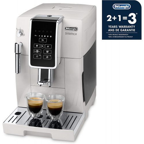 드롱기 DeLonghi Dinamica Automatic Coffee & Espresso Machine, TrueBrew (Iced-Coffee), Burr Grinder + Descaling Solution, Cleaning Brush & Bean Shaped Icecube Tray, White, ECAM35020W