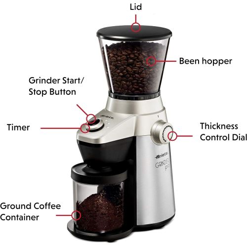 드롱기 DeLonghi Ariete Ariete Conical Burr Electric Coffee Grinder - Professional Heavy Duty Stainless Steel Ultra Fine Grind with Adjustable Cup Size 15 Fine - Coarse Grind Size Settings