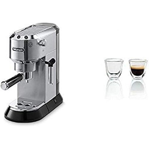 드롱기 Delonghi EC680M DEDICA 15-Bar Pump Espresso Machine, Stainless Steel & Delonghi Double Walled Thermo Espresso Glasses, Set of 2