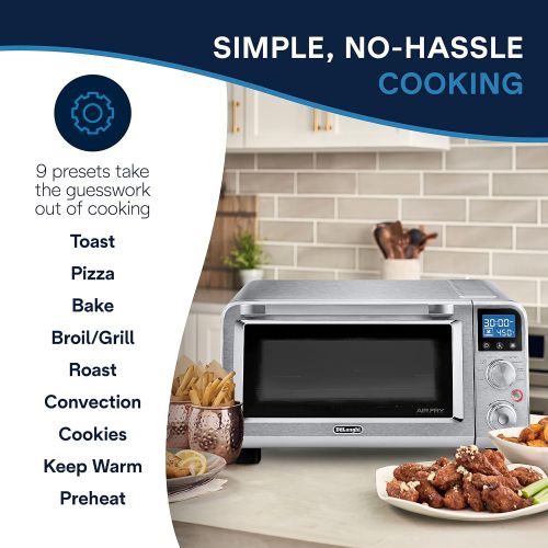 드롱기 DeLonghi Livenza 9-in-1 Digital Air Fry Convection Toaster Oven, Grills, Broils, Bakes, Roasts, Keep Warm, Reheats, 1800-Watts + Cooking Accessories, Stainless Steel, 14L (.5 cu ft