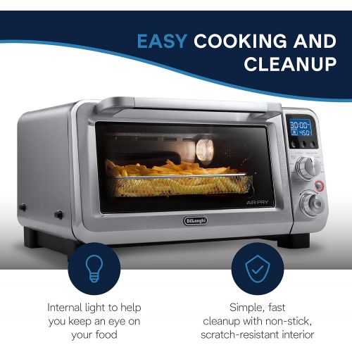 드롱기 DeLonghi Livenza 9-in-1 Digital Air Fry Convection Toaster Oven, Grills, Broils, Bakes, Roasts, Keep Warm, Reheats, 1800-Watts + Cooking Accessories, Stainless Steel, 14L (.5 cu ft