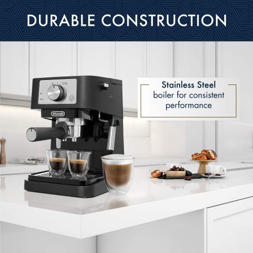 드롱기 DeLonghi Stilosa Manual Espresso Machine, Latte & Cappuccino Maker, 15 Bar Pump Pressure + Manual Milk Frother Steam Wand, Black / Stainless, EC260BK