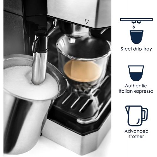 드롱기 DeLonghi BCO430 Combination Pump Espresso and 10-Cup Drip Coffee Machine with Frothing Wand, Silver and Black