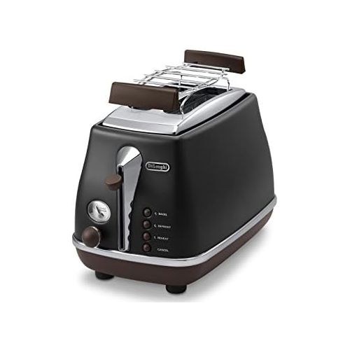 드롱기 De’Longhi DeLonghi Toaster Icona Vintage CTOV2103.BK - 2-Schlitz-Toaster mit Broetchenaufsatz, Edelstahl in elegantem Retro Look mit Chrom-Details, schwarz (Generalueberholt)